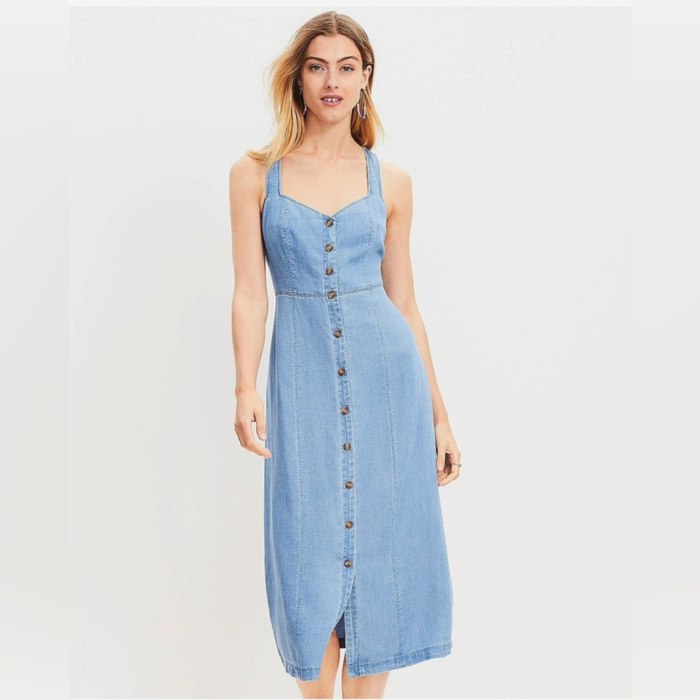 LOFT Blue Denim Chambray Midi Dress NWT